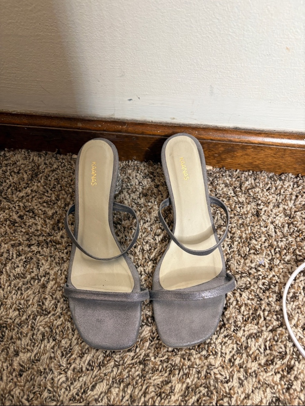 Kaanas Gray Metallic Double-Strap Square-Toe Slide Mules